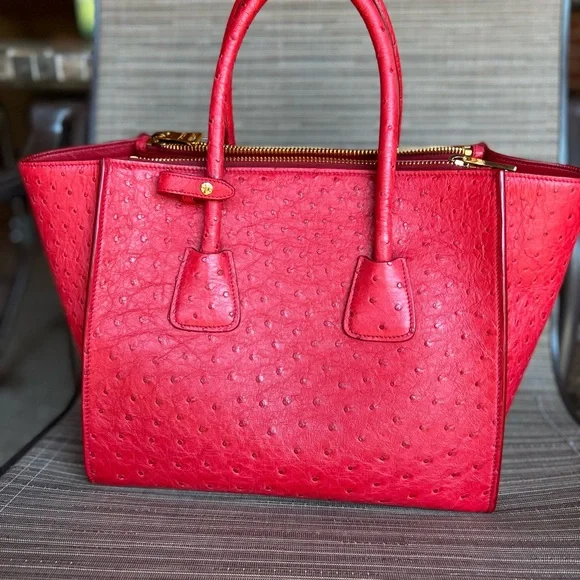 Prada GORGEOUS Ostrich leather coral  handbag , gold tone hardware - Picture 2 of 6